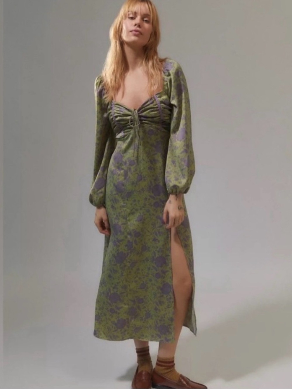 Urban Outfitters Kitty Printed Puff Sleeve Open Back Midi Dress
